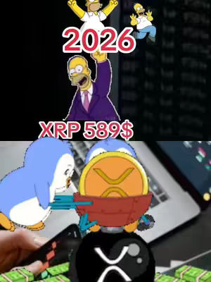 The image is a vertical split screen, the top showcasing animated Simpsons characters above the year '2026'. Below this, images of crypto related elements are featured, with Simpsons characters on background, accompanied by text indicating 'XRP 589$' and crypto related logos.