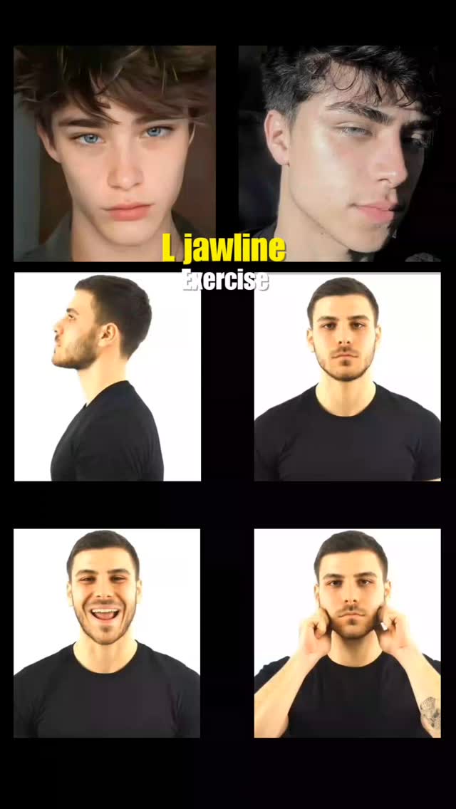 The cover image is a grid of six images arranged in a 3x2 layout against a black background. The top row of images shows two different men, each with a close-up shot of their face. The first man has lighter skin and blue eyes and hair is styled over his forehead. The second man's has dark hair and a smoother face. The middle two images are a man in a black shirt in two images. The bottom row shows the same man in two different poses. The text 'L jawline Exercise' is overlaid on the top row.
