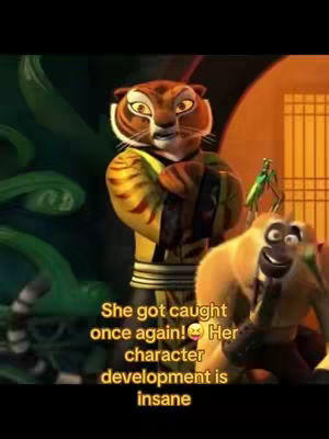 The cover image is a vertical graphic from the animated film 'Kung Fu Panda 3'. It features three characters: Tigress, Po, and Monkey. Tigress, the central figure, is in a battle-ready stance, arms crossed, with an intense expression. To her right, Monkey peers over a yellow figure, and beyond them, a dark green background sets off the other figures. The overall aesthetic is vibrant, with a focus on the characters' expressions and the film's color palette.