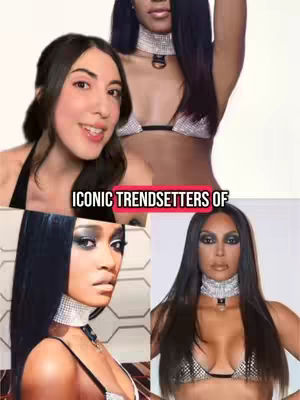 The cover image is a collage of four panels. The top left shows a woman with dark hair and fair skin, smiling at the camera in a selfie shot. The other three panels feature different images of a Black woman, with long black hair and dark makeup, various poses. The bottom center image looks directly at the viewer. The top right shows the same Black woman from the shoulders up, raising her arm. The bottom right is a profile shot of the Black woman. All images feature a diamond choker necklace. The words 'ICONIC TRENDSETTERS OF' are on a red background.