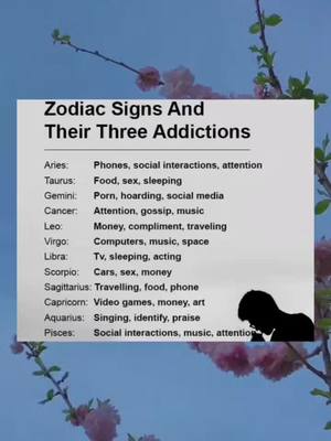 The cover image shows a white rectangle with black text arranged as a list. It is set against a backdrop illustrating a blue sky, branches, and flowers. The text is a list of zodiac signs and their associated addictions. In the bottom right corner, there's a black silhouette of a person's head and shoulders.