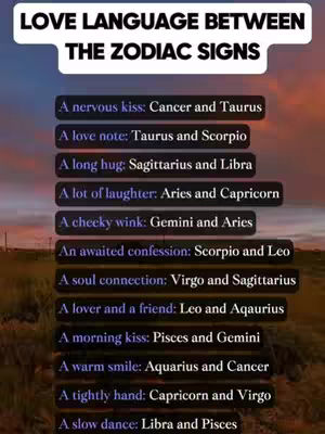An image with a gradient sunset background. Overlayed on top is a white banner with the text "LOVE LANGUAGE BETWEEN THE ZODIAC SIGNS." Below that are a series of rectangular boxes, each with a caption describing a love language associated with zodiac signs. The overall composition is simple and informative, with a clear layout.