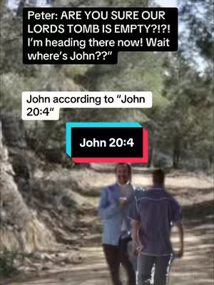 The image captures a comedic scene from what appears to be a biblical reenactment. Two men are walking along a dirt path, set against a backdrop of trees and foliage. Overlaid text features speech bubbles quoting scripture. The overall composition is typical of a meme, using text to create humor or commentary on Christian themes.