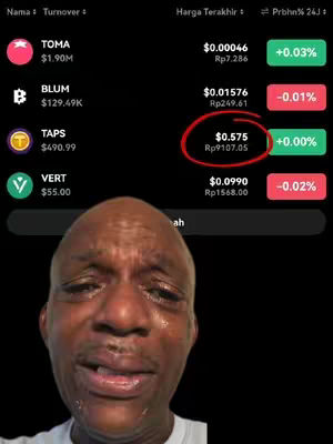 A selfie features a Black man with a shaved head, crying. Tears stream down his face, conveying sadness or distress. In the background, a phone/app display shows a stock market app, with cryptocurrency details highlighted. A red circle emphasizes the value of a particular cryptocurrency. The overall composition merges the emotional impact of the portrait with the financial context of the app.