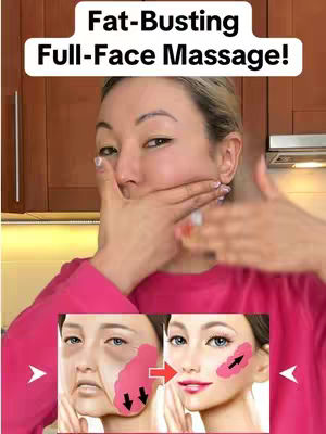 A woman is performing a full-face massage, with the text overlay 'Fat-Busting Full-Face Massage!' in a white box at the top. Below the woman, a split panel shows 'before and after' images of a face, with the 'before' side showing areas of concern. Arrows point to the areas that have undergone the treatment. The woman is wearing a pink top, and the background appears to be a kitchen.