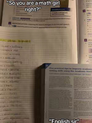 The image shows a close-up of open textbooks with handwritten notes, and a book with the text \"Five practical tips to improve academic writing skills using the Academic Word\" on display.