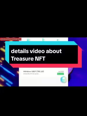 The image shows a screenshot seemingly from a mobile app. The dominant color is black, with teal and red rectangular text overlays, and purple and blue backgrounds. The central area displays text in a black box: "details video about Treasure NFT". The bottom section contains app details with text and numbers in a white/green color scheme. A partial blue sphere and a purple glow add to the digital aesthetic. The layout is vertical, possibly a screen capture intended for the YouTube platform.