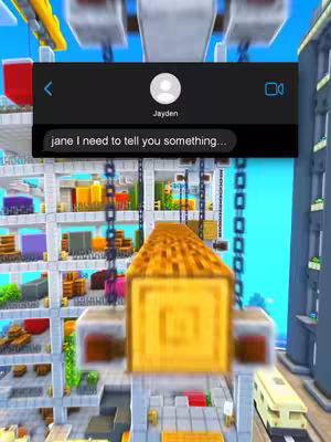 The image shows a Minecraft-style building with a text bubble overlay. The text bubble is a mock-up of a text message conversation and includes a message that reads 'jane I need to tell you something...'. The background seems to indicate a game environment.