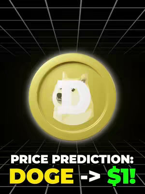 The cover image features a golden coin with the Dogecoin logo, set against a gradient background with a grid pattern. The text overlay predicts the price of Dogecoin reaching $1.