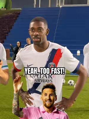 The image shows a split-screen with two soccer players. The top half features a black male soccer player in a white jersey. The bottom half presents another soccer player with a full arm tattoo and a pink shirt, with the text overlay that says "Yeah, Too Fast!". The background suggests a stadium setting with other individuals present.