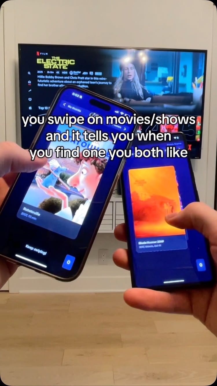 The cover image shows two phones displaying movie information, held against a backdrop of a television screen. The TV shows a movie poster. Above the phones, a superimposed text hook provides context. The overall composition is well-lit and modern, using the phone screens to guide the viewer's focus.