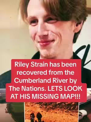 The cover image shows a man with light brown hair and a slight smile, with a red rectangular text box overlaid on top. The text box contains information about Riley Strain and his missing map. There's also an image of a river and people walking.