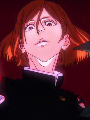 The cover image features an animated character from Jujutsu Kaisen, specifically Nobara Kugisaki, with a determined expression. She has short, reddish-brown hair and is wearing what appears to be a dark uniform with a high collar. The background is a gradient of red hues. The character is looking up, and a small part of a dark, triangular object is visible to the right of her.