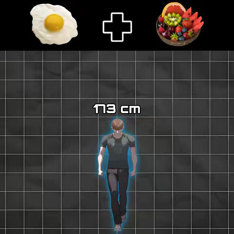 The image depicts a stylized illustration suggesting a recipe or guide to height growth. A grid-like background supports several elements arranged to convey information. At the top, we see food components: a fried egg, a plus sign, and a bowl of fruits indicating the importance of a healthy diet. In the center, the image showcases a figure of a man with a blue glow, and the height measurement of 173 cm. The overall layout is clean, with the elements arranged symmetrically, hinting at a clear, step-by-step approach or a transformation.