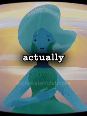 An AI-generated image featuring a teal-colored figure with a large hat and a concerned expression. The figure has a green dress and is set against a blurred background of yellow and orange.