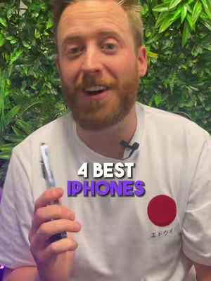 A man with fair skin and red hair is centered with a smile. The background is a wall of green leaves. Large white text overlaid reads "4 BEST IPHONES" with the word "IPHONES" in purple.