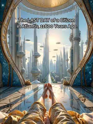 The image presents a first-person view from a bed looking out at a futuristic cityscape. The foreground shows the feet of a person lying on the bed. The city is made of tall, sleek buildings with intricate architectural details and floating objects. The background skies are a light blue, suggesting a bright, sunny day.