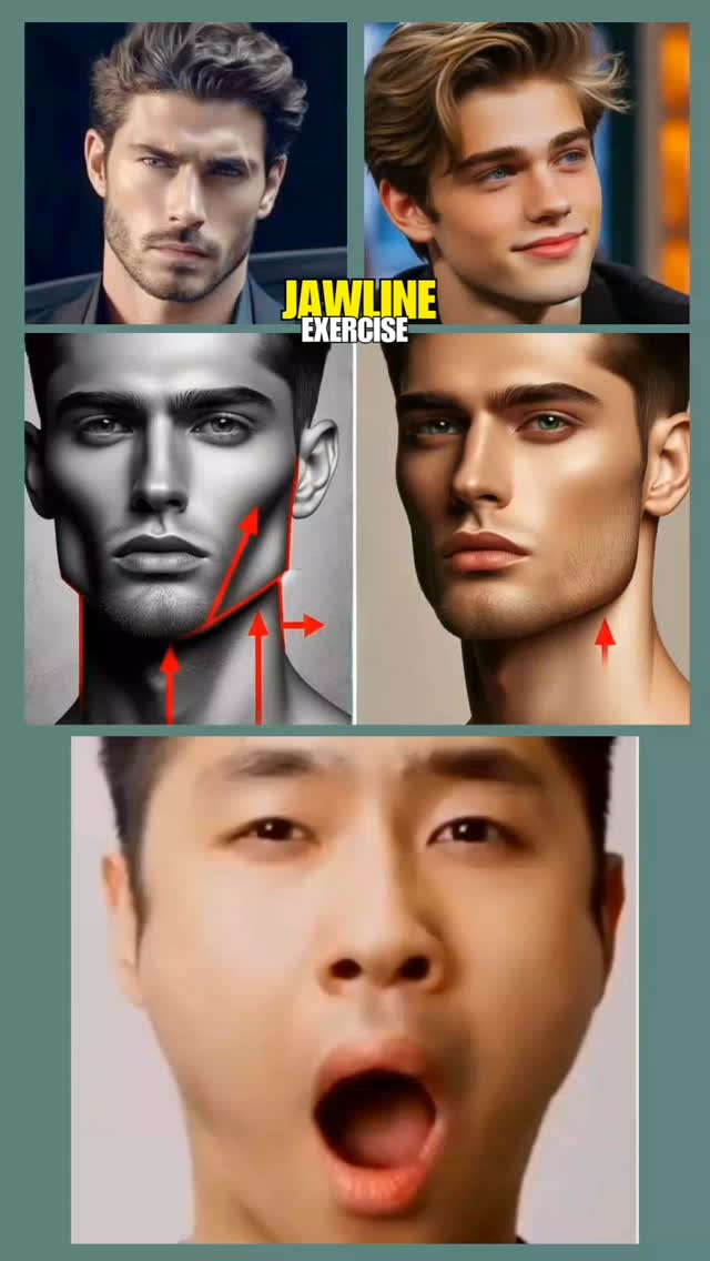 The cover image is a vertical collage-style composition in a teal frame. It features a variety of images related to jawline exercises and mewing. The top section displays two portraits of men with well-defined jawlines, each showcasing different hairstyles and expressions. Centered below, is a graphic illustration detailing the musculature of the face and neck. The lower part of the image shows a person’s face with mouth open, showcasing a more open mouth. The text overlay says 'JAWLINE EXERCISE' in yellow lettering.