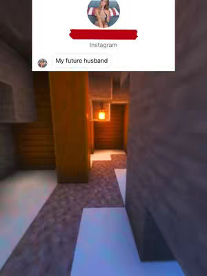 The cover image depicts a scene within a Minecraft-style environment. In the background, a pathway leads into the depths of a building, with a warm light source hanging from the ceiling. On the top left, an Instagram overlay shows a profile picture of a woman and the username, with a text bubble reading 'My future husband'.