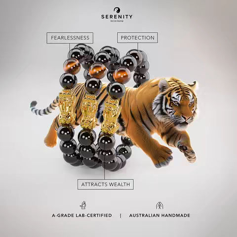 A digital image showcases a tiger eye Pixiu bracelet, placed in front of a tiger. The bracelet design features black and tiger eye beads. The tiger is facing right, in a dynamic pose. Text overlayed describes the bracelet's properties. The background gently fades from a light shade to a gray tone.