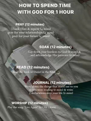 An overhead shot on a white surface, likely a bed, with an open Bible and a hand visible. Text overlays provide instructions for spending an hour with God, listing prayer, soaking, reading, journaling, and worship, each with suggested timings.