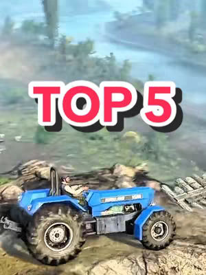 The image shows a blue tractor driving on a dirt track. Bright red text overlayed near the top reads TOP 5. The background depicts a blurry landscape with trees and water. The tractor is angled towards the viewer, suggesting motion.