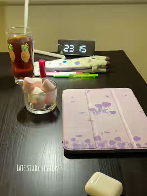 A table with various study-related items. A glass of iced tea with a pineapple design, a small glass of marshmallows, a closed light purple tablet case, a digital clock showing 23:15, a lipstick, pens, and an airpods case. The table is black. The overall composition is from an angle looking down at the objects.
