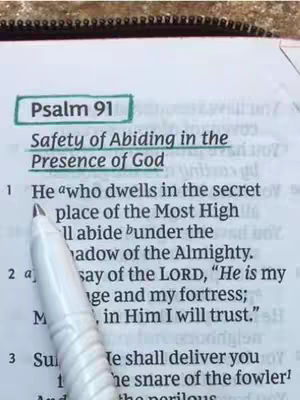 A close-up shot of an open Bible page with text from Psalm 91, focused with a white pen. The words "Psalm 91" and "Safety of Abiding in the Presence of God" are visible, with the pen pointing toward the text. The top of the image has a view of the spine of the book and there are high contrast shadows.