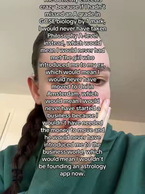 The cover image features a young woman with dark hair in a ponytail, facing the camera. She has a thoughtful expression, with her hand touching her face, in front of a blurred background. Overlayed text in a white font describes her life experiences that led to founding an astrology app.