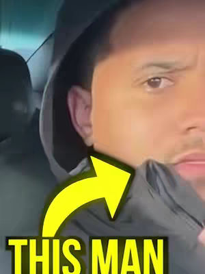 The image shows a close-up of a man in a black hoodie, looking towards the right. A yellow arrow is pointing towards his face, and text bubbles are added as a hook to draw attention.