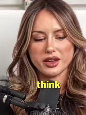 A woman with long blonde hair is the main focus, her face is slightly angled towards the right. Her lips are slightly parted, as if she's speaking. A yellow text box with the word "think" is overlaid on the image.