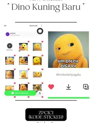 The cover image is a digital advertisement for stickers available on the Sticker.ly app. The background shows a screenshot of the app interface displaying sticker packs featuring a yellow cartoon dinosaur. The dinosaur itself, with big eyes and a friendly expression, is featured in a separate image on the right. Text overlays in a playful font are used to promote the new sticker packs. The overall composition is bright and colorful.