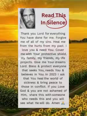 An image featuring a vertical white rectangular box with block text and an image of Jesus on the top left. The background is a yellowish gold representing a sunset or field of sunflowers.