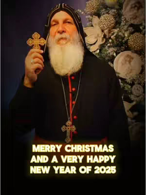 The cover image features an older man in religious garb, holding a gold cross. The text overlay conveys a New Year's greeting.