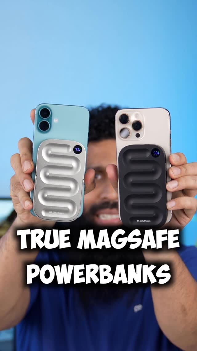 The cover image features a man holding two smartphones, each with a power bank attached. The power banks and phones are centered, with the man's face partially visible. The top half of the background is a light blue gradient. Overlayed at the bottom is bold white text.