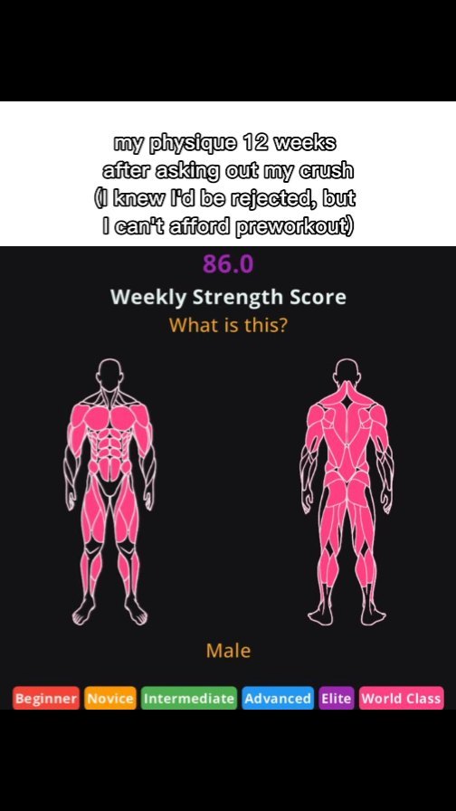 The cover image shows a graphical representation of a male physique, highlighting muscles with a pink color, and comparing it to a prior state. Text overlaid at the top discusses a personal anecdote about the creator's physique 12 weeks after asking someone out and the absence of preworkout. The number "86.0" is prominently displayed at the top as a weekly strength score, and a bar highlights fitness levels (Beginner to World Class) across the bottom.