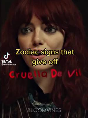 The cover image features a close-up of Emma Stone as Cruella De Vil, with text overlays. The background is dark, focusing primarily on the individual's face and upper torso. The text is styled in a contrasting color, with the words `Zodiac signs that give off` in a yellow font, while `Cruella De Vil` is written in a bold red font.