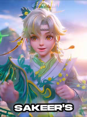A stylized image of a young person with light hair, adorned with flower-like accessories, against a blurry, fantasy-themed background. The person is framed from the chest up, showing an animated aesthetic with a serene expression. Below the animated figure in the foreground, there is text that says "SAKEER'S"