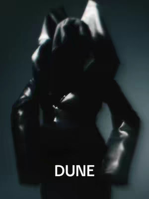 The cover image is a blurred, mysterious silhouette of a person in a dark, hooded garment. The figure's features are indistinct, with the focus on the overall shape and texture of the clothing. The background is a gradient of dark hues, emphasizing the silhouette's form and the word 'DUNE' at the base of the image.