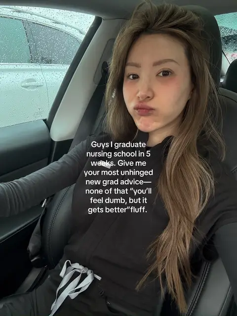 A selfie taken inside a car. The main subject is a young woman with long brown hair, looking directly at the camera with a slight pout. She is wearing a dark-colored top. Overlayed on the image is text, asking for advice. The background is blurred and includes a car and some rain.