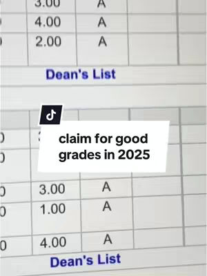 The image displays a screenshot of a spreadsheet, likely a grade report, with data in columns. A white box with the text 'claim for good grades in 2025' overlays the lower portion of the image, with a TikTok logo near the top left corner of the overlay. The background shows rows labeled with numbers and the word 'A', along with the label 'Dean's List'. The overall composition is straightforward, with clear text and organization.