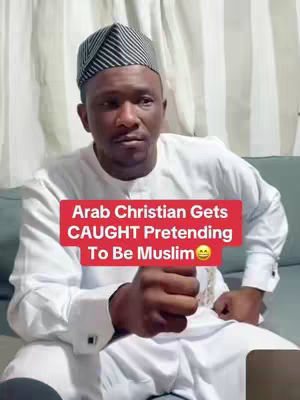 A person of color in a white shirt and a black and white striped hat is looking at the camera. A red rectangle is superimposed on the image with the text "Arab Christian Gets CAUGHT Pretending To Be Muslim".