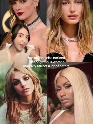 A collage-style image featuring four quadrants, each displaying a different woman. In the top left, a woman with dark hair and red lipstick is seen, and above the text is the top of the image featuring the 'Grammy' logo. Beside her, at the top right is a blonde woman with a neutral expression. Below them, on the left, a woman with blonde hair and the other one, on the right, a woman with blonde hair is shown looking ahead with direct eye contact. The central text overlay reads, 'has anyone else noticed that Sagittarius women naturally attract a lot of haters'.