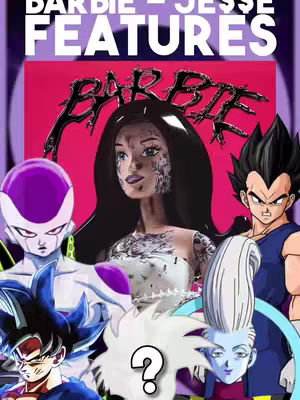 The cover image features a collage with multiple characters from the Dragon Ball Z universe, including Goku, Frieza, Vegeta, Whis, and Gohan, along with a doll image stylized as a Barbie doll with black hair, a tattoo on her face. The characters are arranged around the doll which is the central point. The background is a mix of pinks and purples. The title 'Barbie - Jesse Features' is prominently displayed at the top.