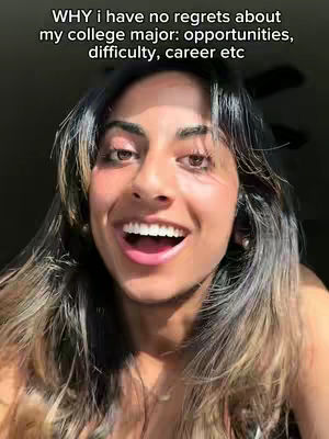 The cover image is a selfie of a young woman with long, highlighted hair, smiling widely with her mouth open. Text overlays the top of the image with the text "WHY i have no regrets about my college major: opportunities, difficulty, career etc". The lighting appears to be natural.