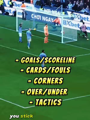 The cover image shows a football match in progress, with a green field and a goal in the background. Several players are visible, along with text overlays detailing game statistics such as goals, cards/fouls, corners, over/under, and tactics.