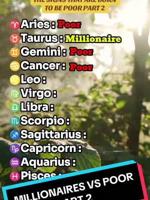 The cover presents a vertical list of zodiac signs, each paired with a label. The background is a blurred image of a natural scene with green foliage and sunlight. The text 'THE SIGNS THAT ARE BORN TO BE POOR PART 2' and 'MILLIONAIRES VS POOR PART 2' are present, indicating the video's theme.