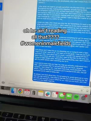 A laptop screen displaying a long text message, with a text overlay commenting on the content. The colors are bright, with a blue screen and white text.