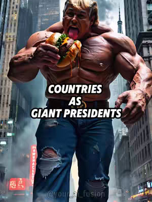 A digitally created image featuring a muscular figure with the face resembling Donald Trump holding a large hamburger. The figure stands against a backdrop of a cityscape. The color palette includes shades of brown, blue, and orange.