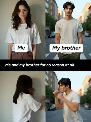 A split image features four panels. Two panels show a woman and a man separately in a minimalistic setting. The other half shows the woman and man in contrasting action poses, simulating a fight.